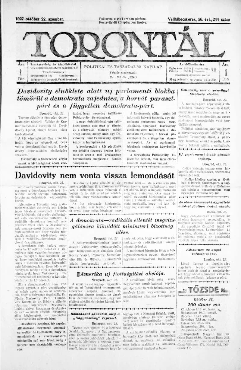 Torontál, 56. évf. 1927. október 22. 244. sz.