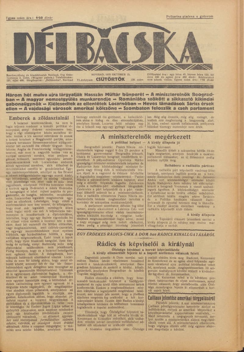 Délbácska, 6. évf. 1925. október 15. 239. sz.