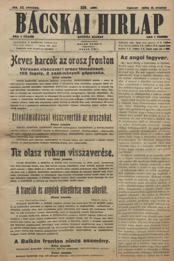 Bácskai Hirlap, 20. évf. 1916. július 15. 319. sz.