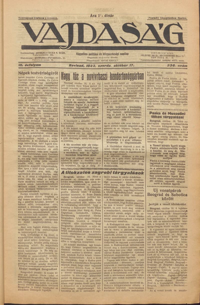 Vajdaság, 3. évf. 1923. október 17. 236. sz.
