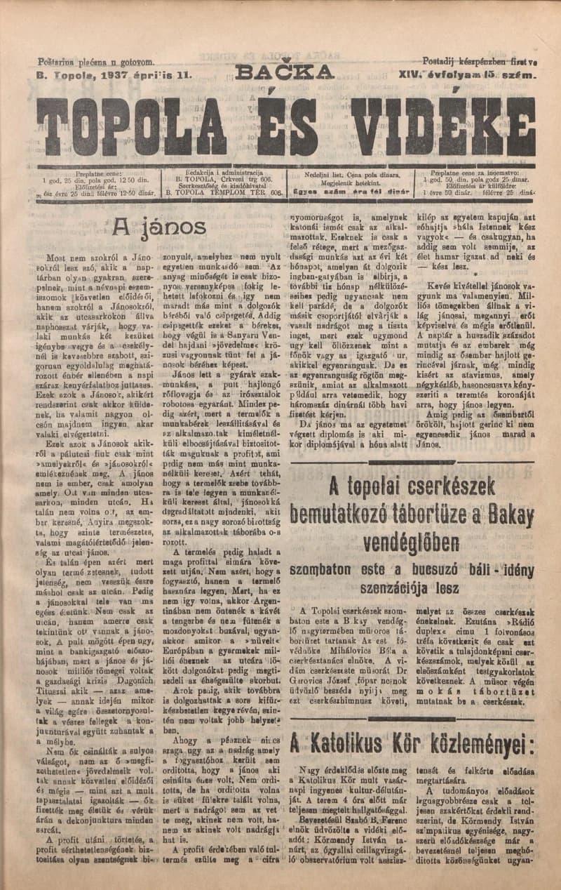 Bačka Topola és Vidéke, 14. évf. 1937. április 11. 15. sz.