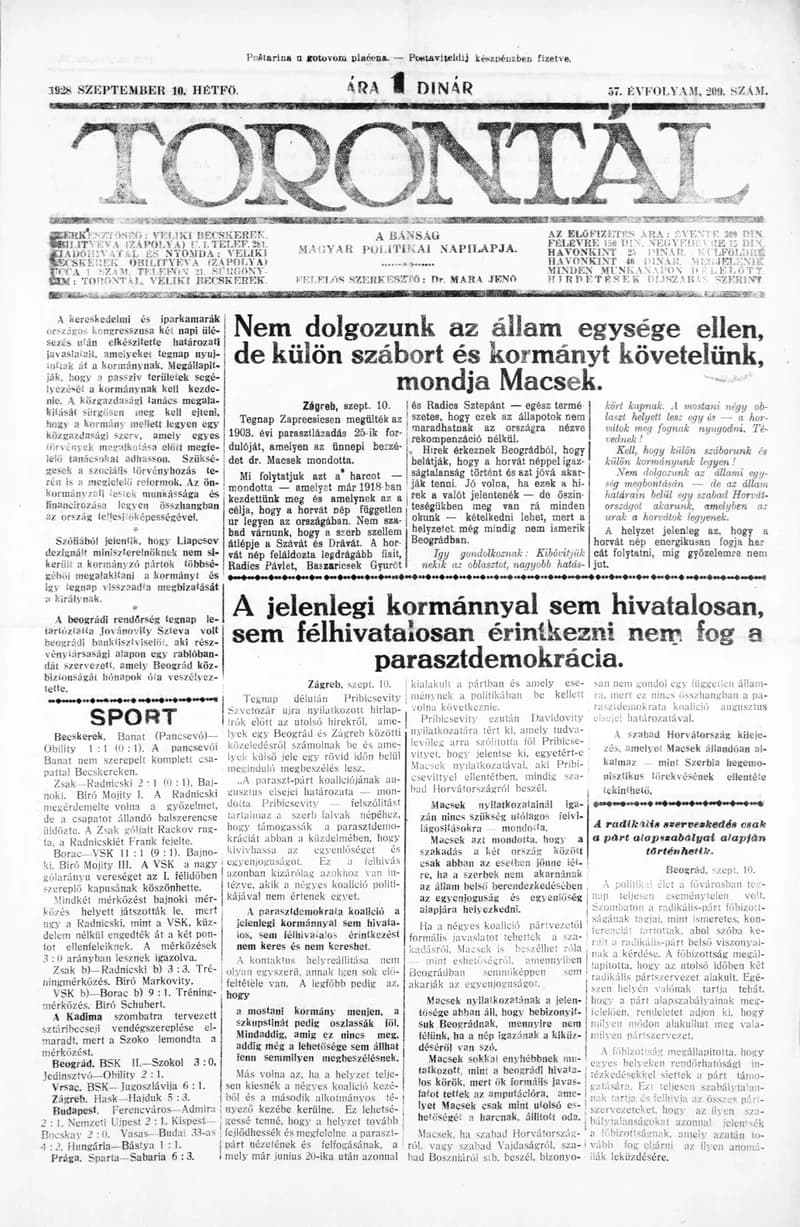 Torontál, 57. évf. 1928. szeptember 10. 209. sz.