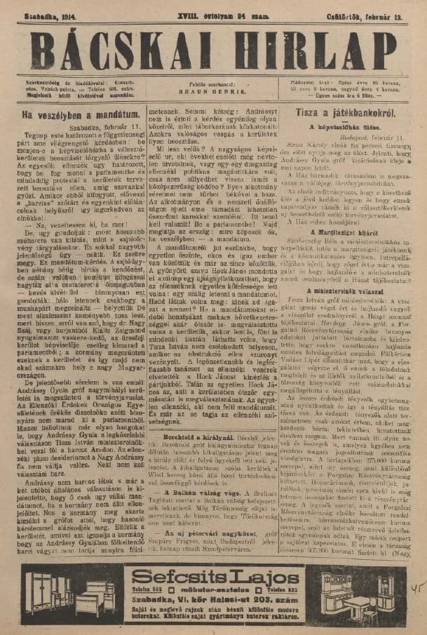 Bácskai Hirlap, 18. évf. 1914. február 12. 34. sz.