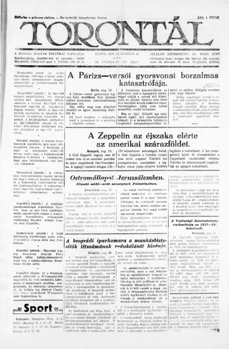 Torontál, 58. évf. 1929. augusztus 26. 195. sz.