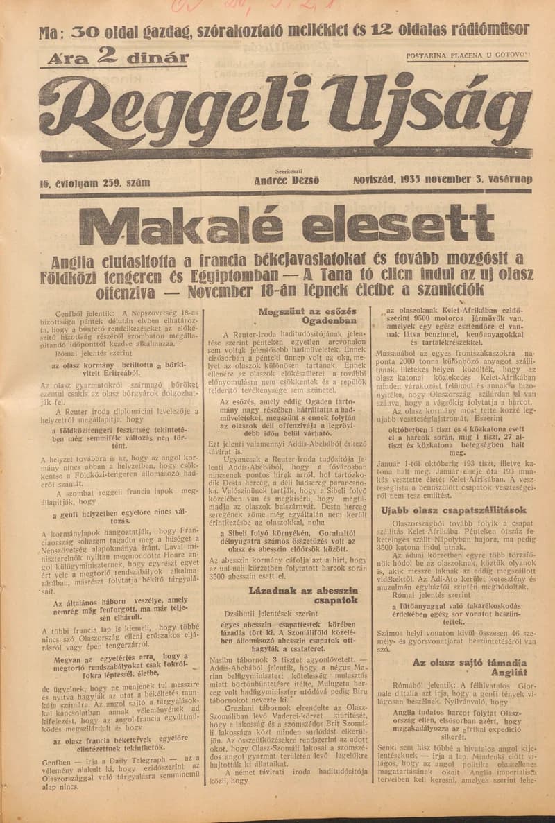 Reggeli Újság, 16. évf. 1935. november 3. 259. sz.