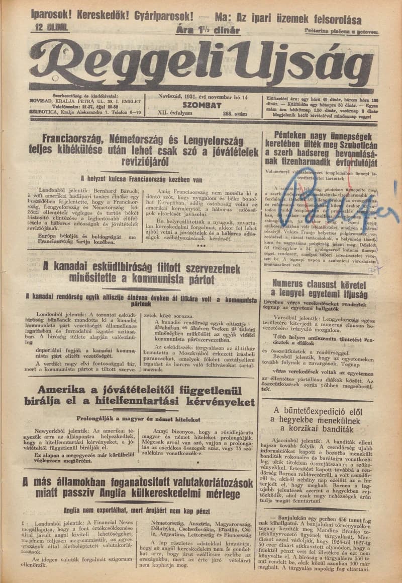 Reggeli Újság, 12. évf. 1931. november 14. 268. sz.