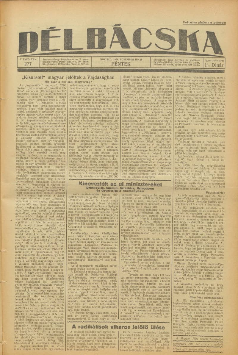 Délbácska, 5. évf. 1924. november 28. 277. sz.