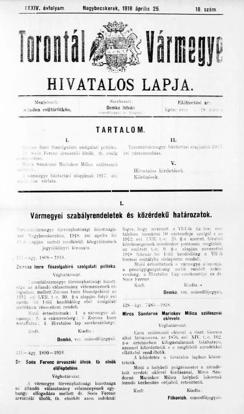 Torontál Vármegye Hivatalos Lapja, 34. évf. 1918. április 25. 18. sz.
