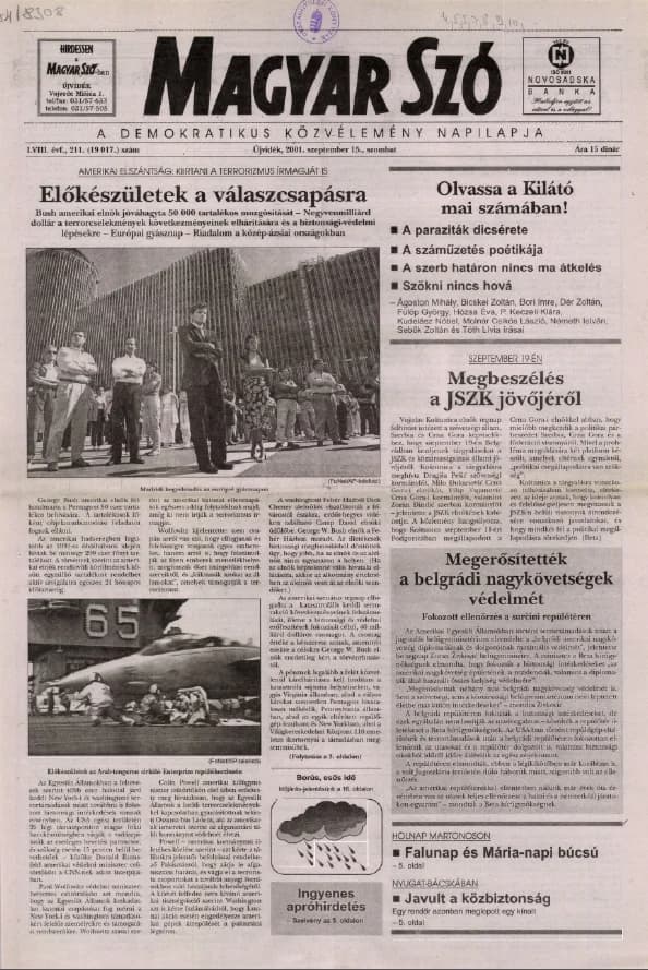 Magyar Szó, 58. évf. 2001. szeptember 15. 211. sz. 1–16. oldal