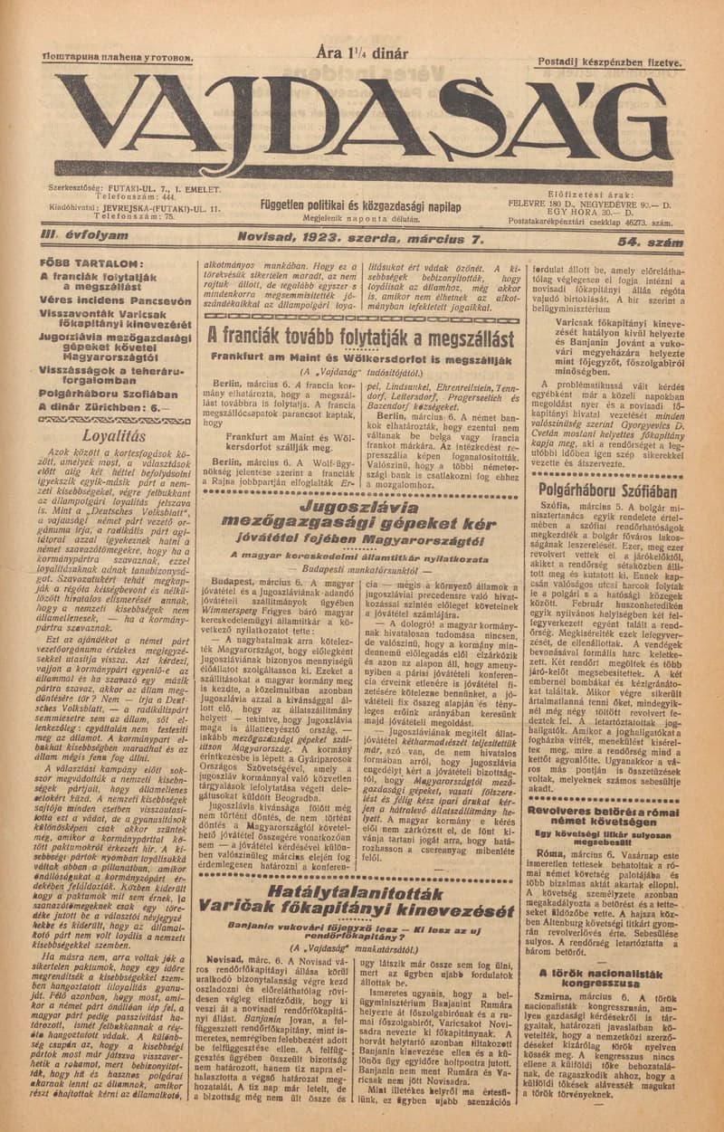 Vajdaság, 3. évf. 1923. március 7. 54. sz.