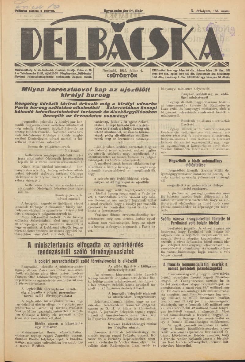 Délbácska, 10. évf. 1929. július 4. 153. sz.
