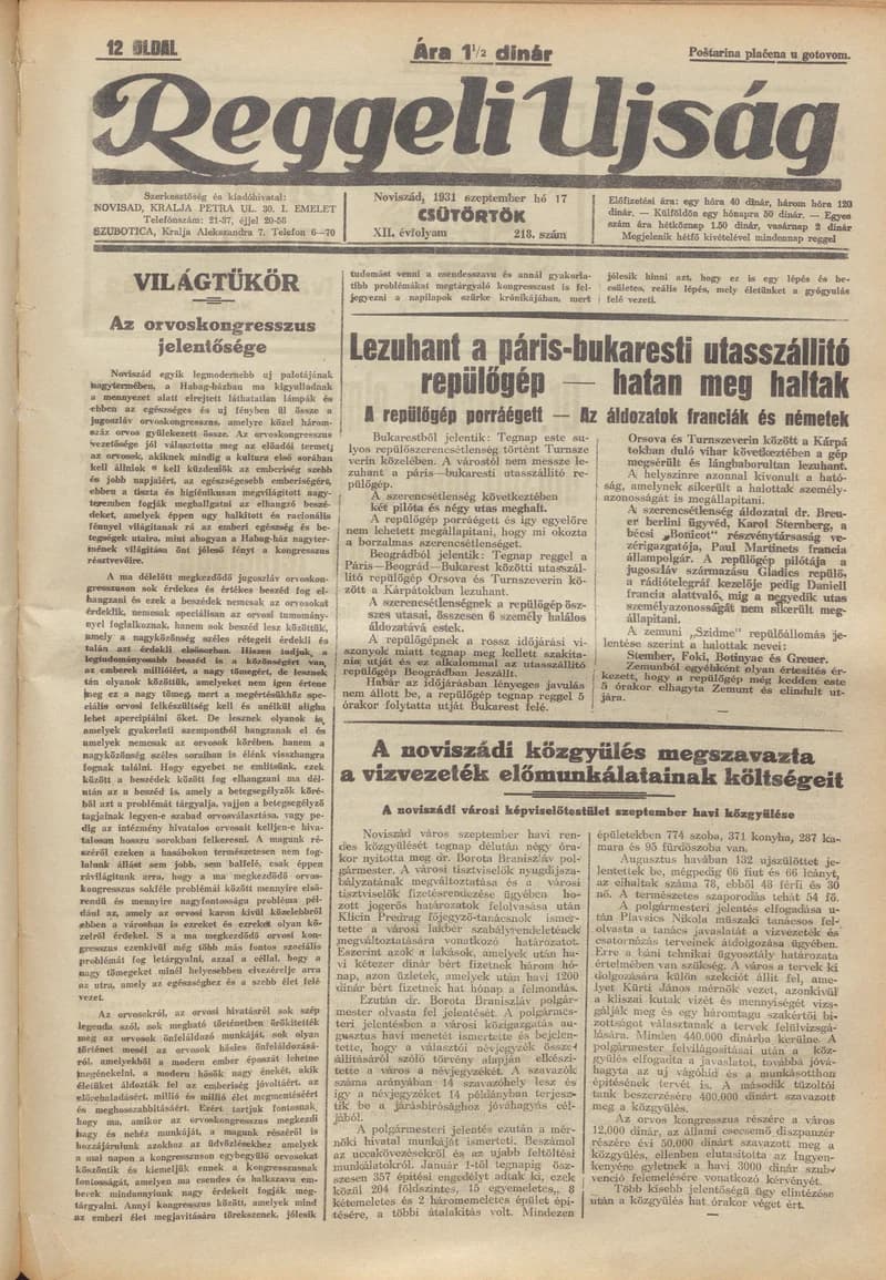 Reggeli Újság, 12. évf. 1931. szeptember 17. 218. sz.