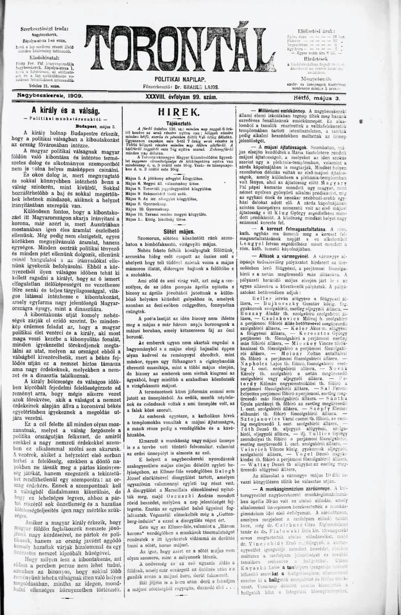 Torontál, 38. évf. 1909. május 3. 99. sz.