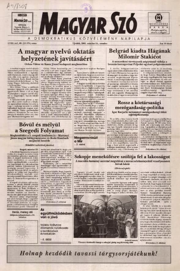 Magyar Szó, 58. évf. 2001. március 24. 69. sz. 1–16. oldal