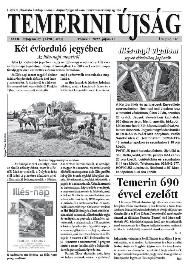Temerini Újság, 28. évf. 2022. július 14. 27. sz.