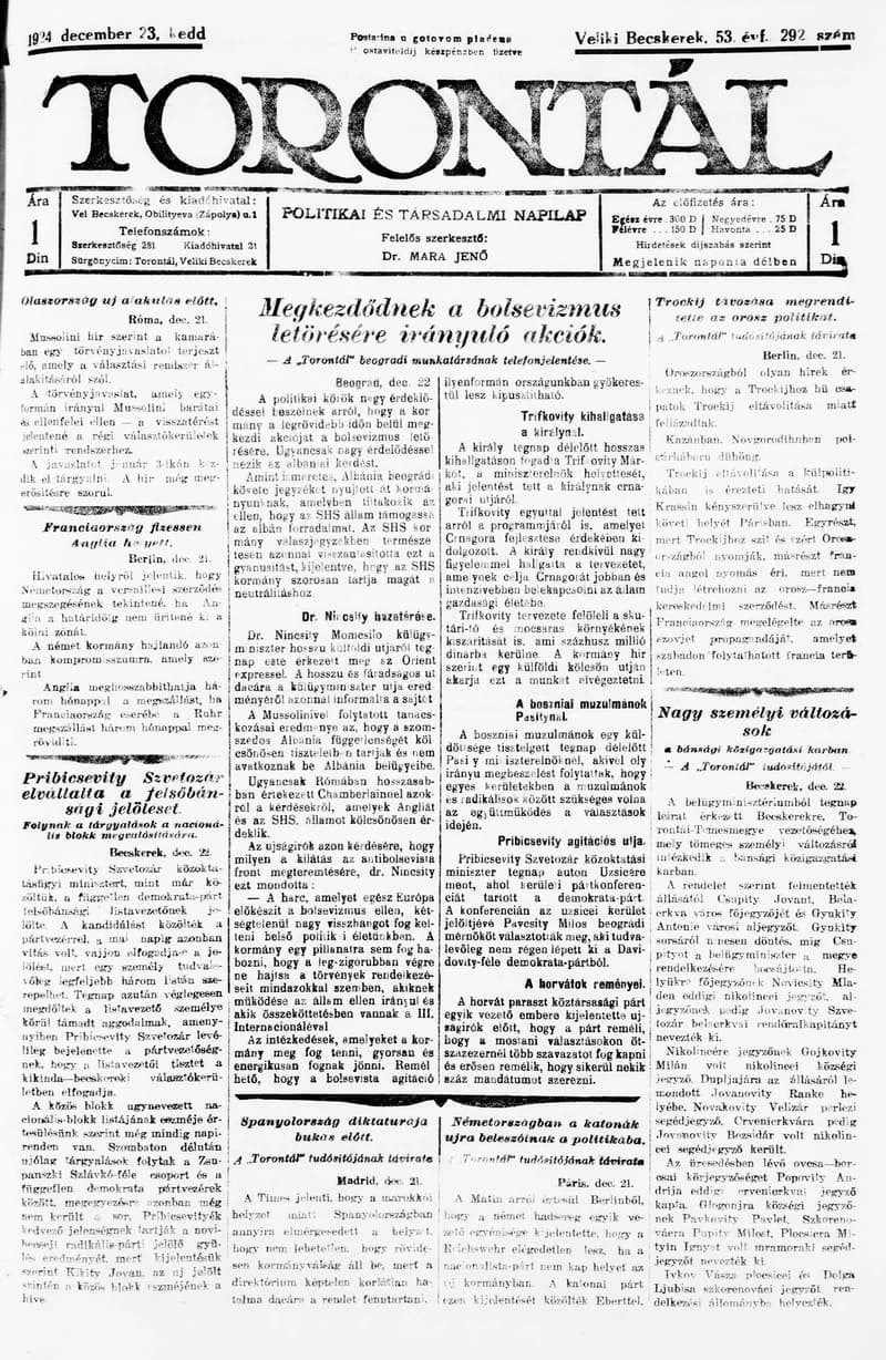 Torontál, 53. évf. 1924. december 23. 292. sz.
