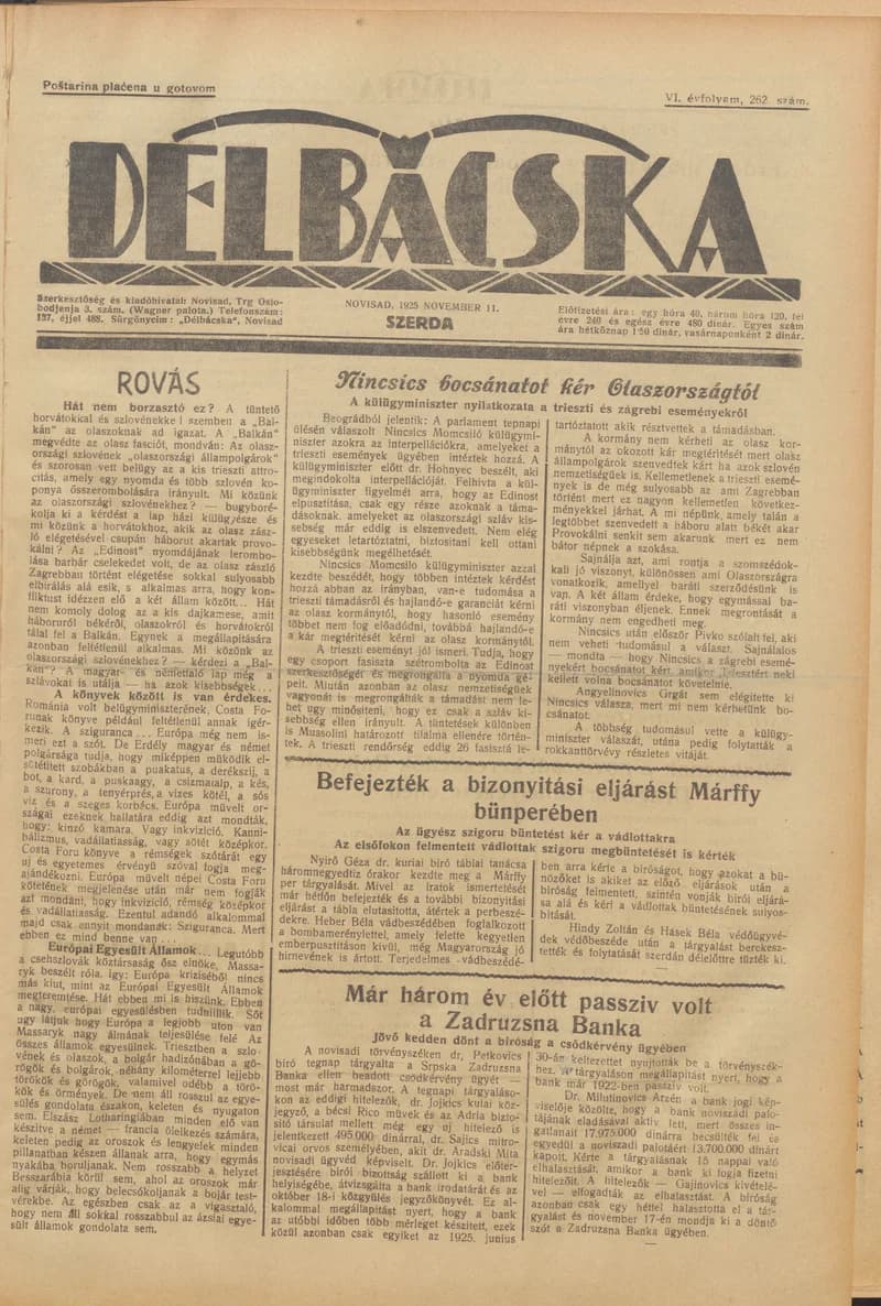 Délbácska, 6. évf. 1925. november 11. 262. sz.