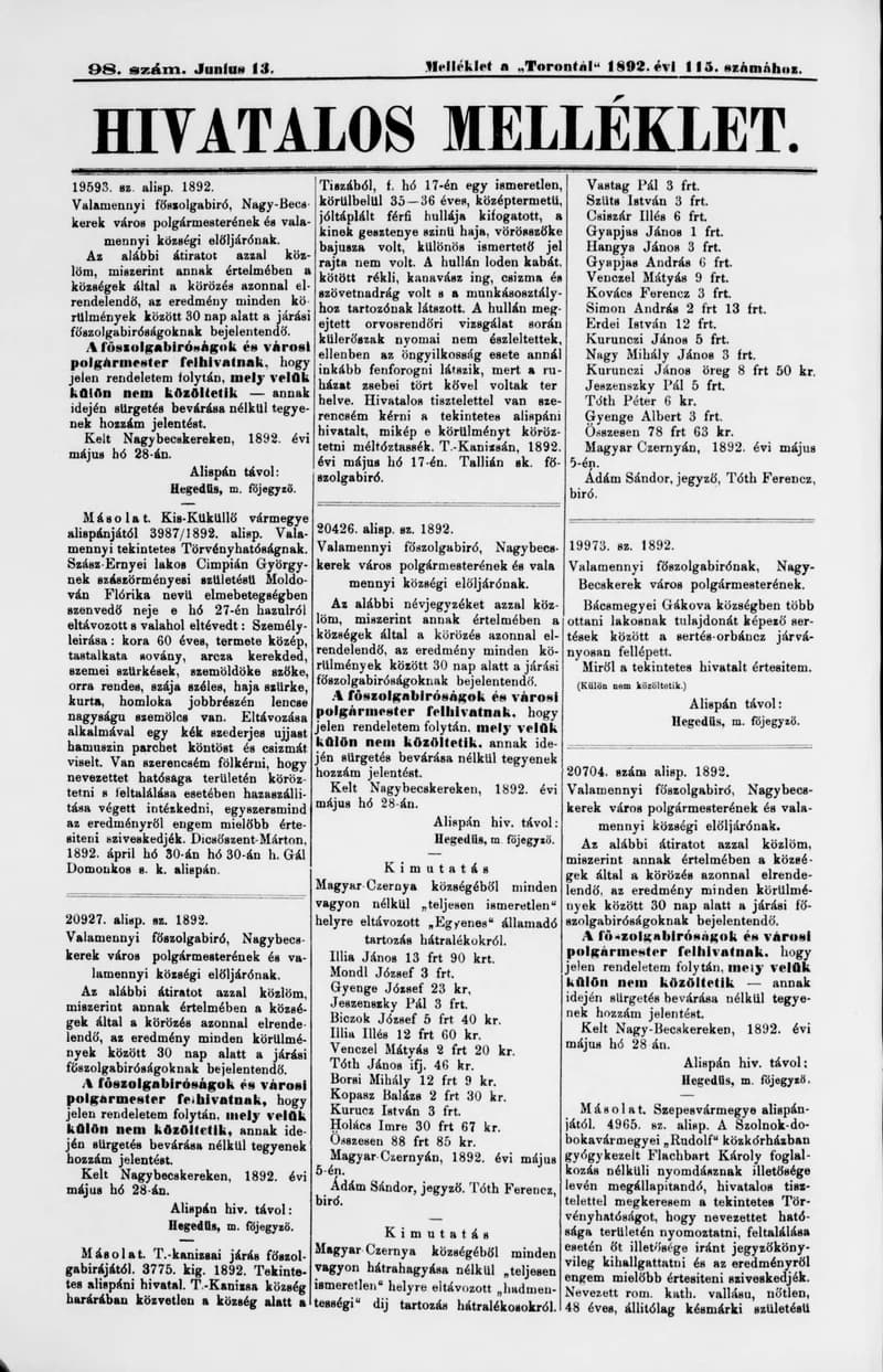 A Totontál  hivatalos melléklete, 5. évf. 1892. június 13. 98. sz.