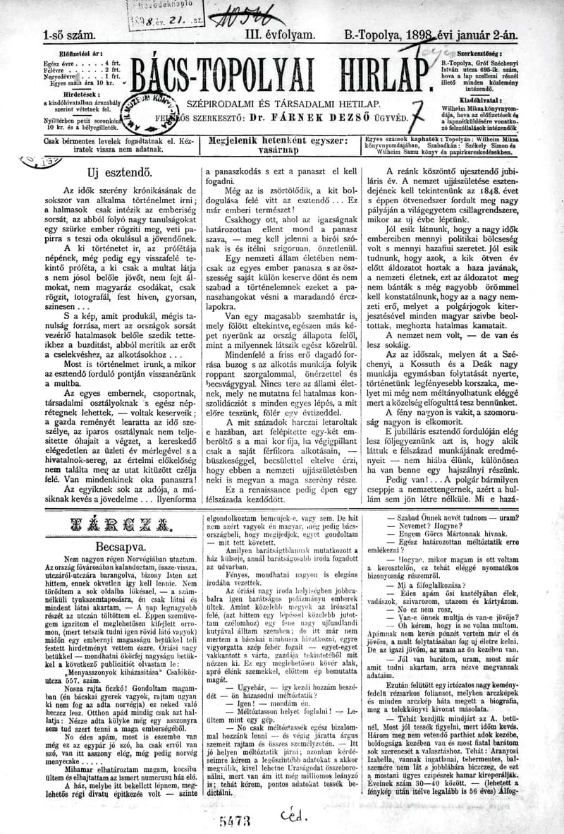 Bács-Topolyai Hirlap, 3. évf. 1898. január 2. 1. sz.
