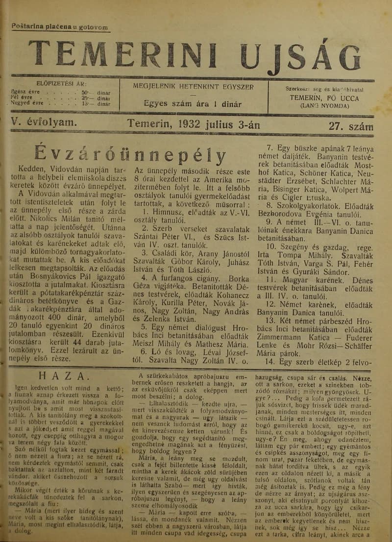 Temerini Újság 1928-1944, 5. évf. 1932. július 3. 27. sz.