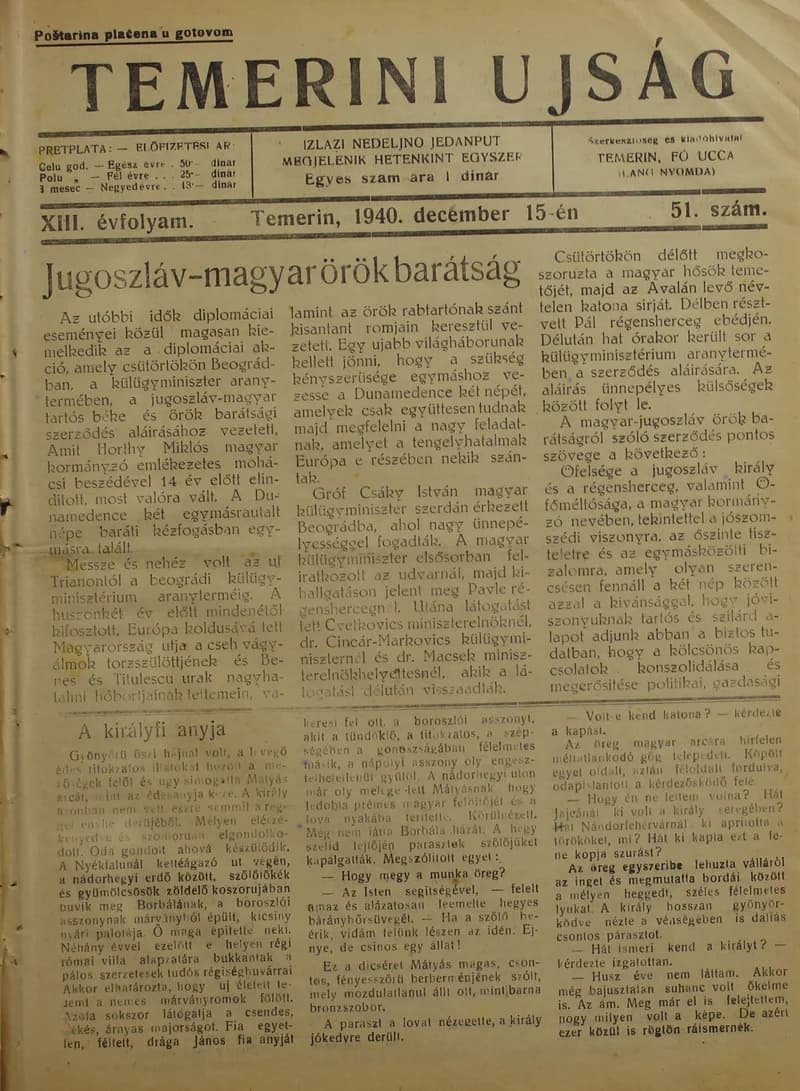 Temerini Újság 1928-1944, 13. évf. 1940. december 15. 51. sz.