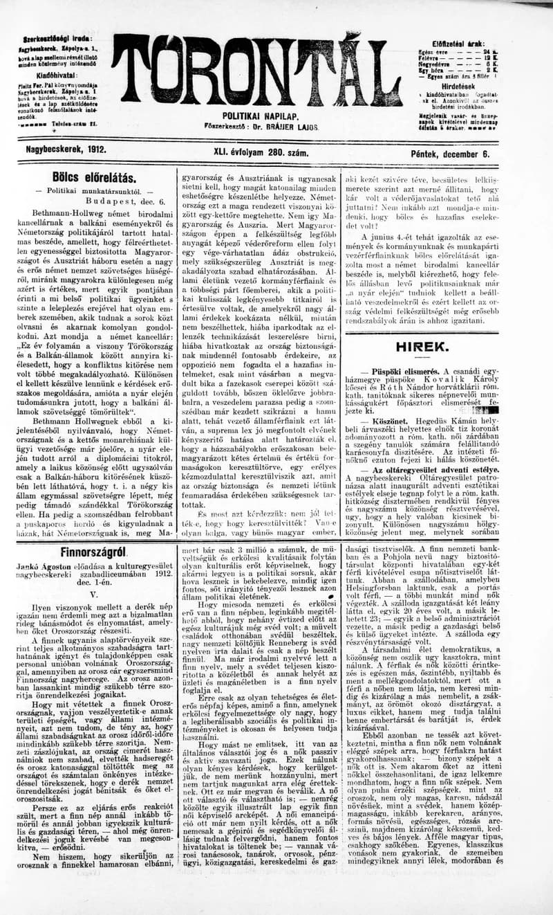 Torontál, 41. évf. 1912. december 6. 280. sz.