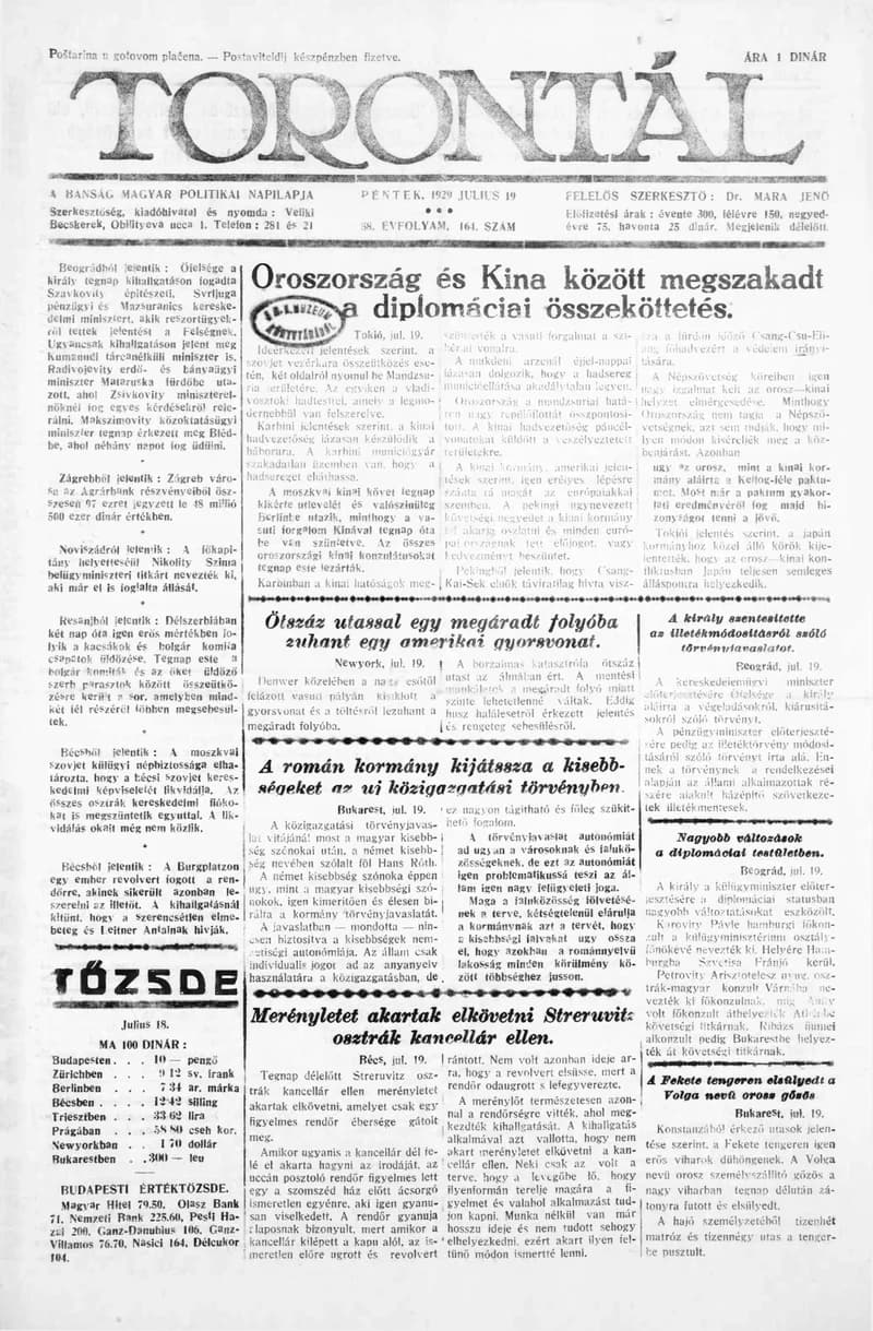 Torontál, 58. évf. 1929. július 19. 164. sz.