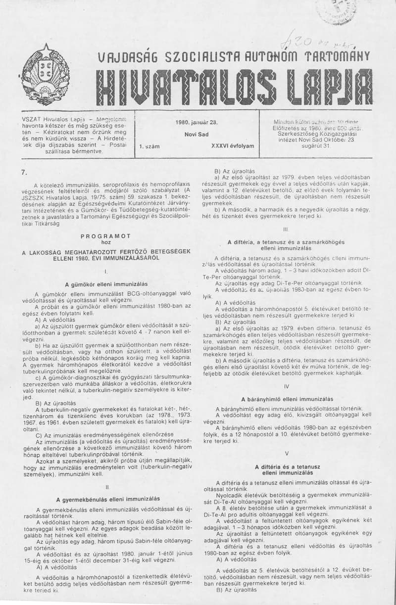 Vajdaság Szocialista Autonóm Tartomány Hivatalos Lapja, 36. évf. 1980. január 28. 1. sz. 1–8. oldal