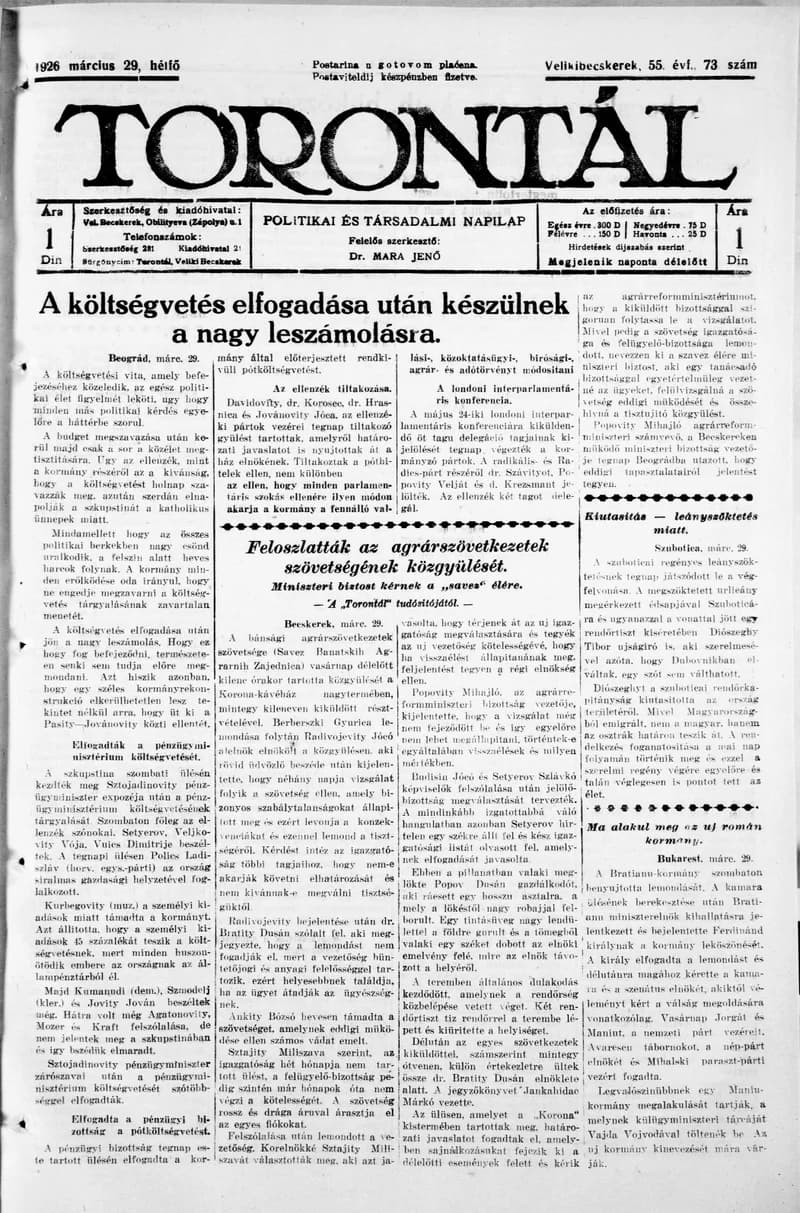 Torontál, 55. évf. 1926. március 29. 73. sz.