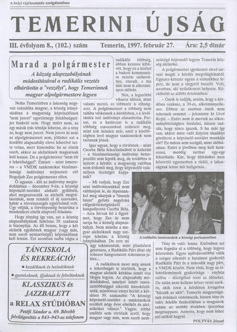 Temerini Újság, 3. évf. 1997. február 27. 8. sz.