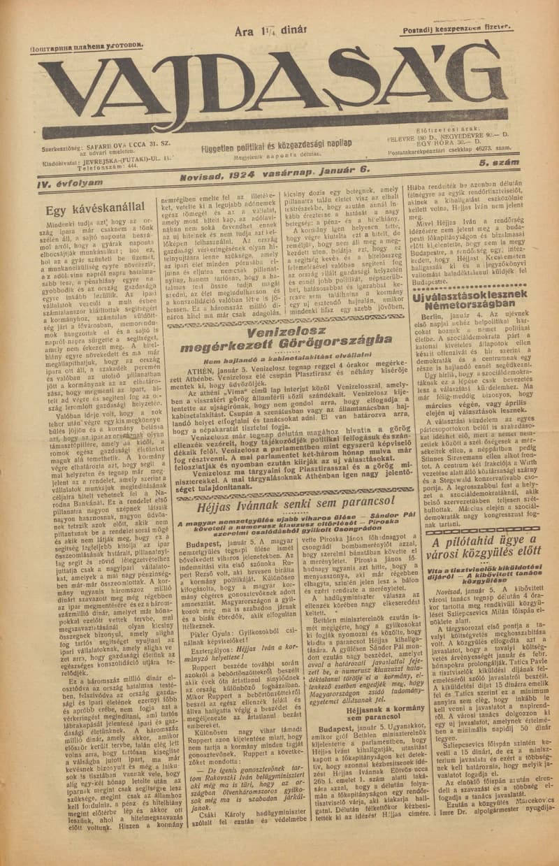 Vajdaság, 4. évf. 1924. január 6. 5. sz.