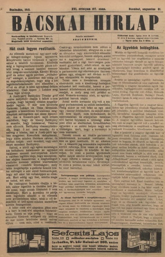 Bácskai Hirlap, 16. évf. 1912. augusztus 31. 197. sz.