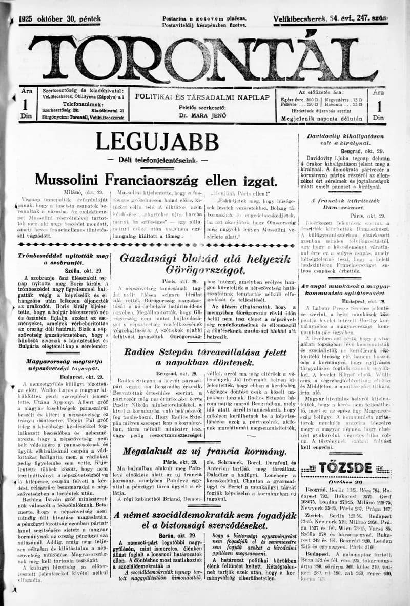 Torontál, 54. évf. 1925. október 30. 247. sz.