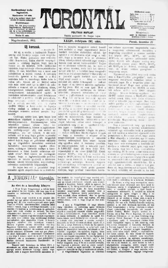 Torontál, 34. évf. 1905. december 22. 292. sz.