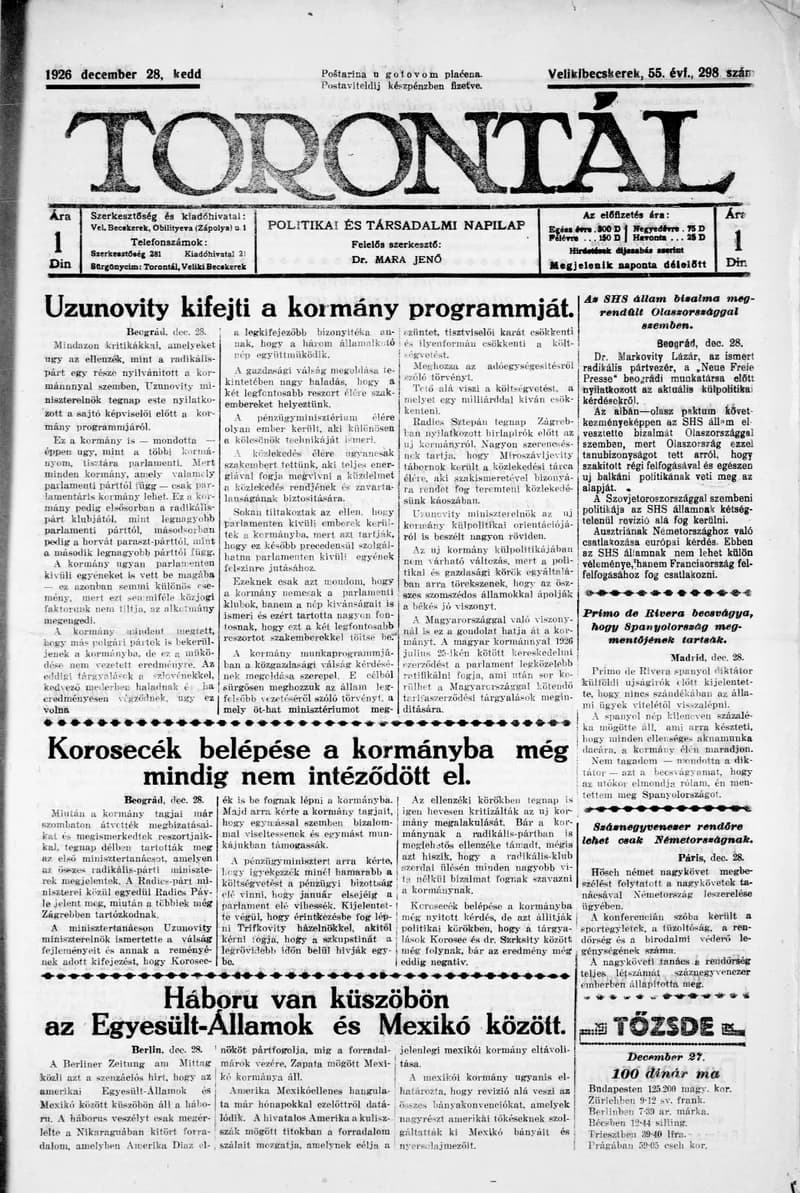 Torontál, 55. évf. 1926. december 28. 298. sz.
