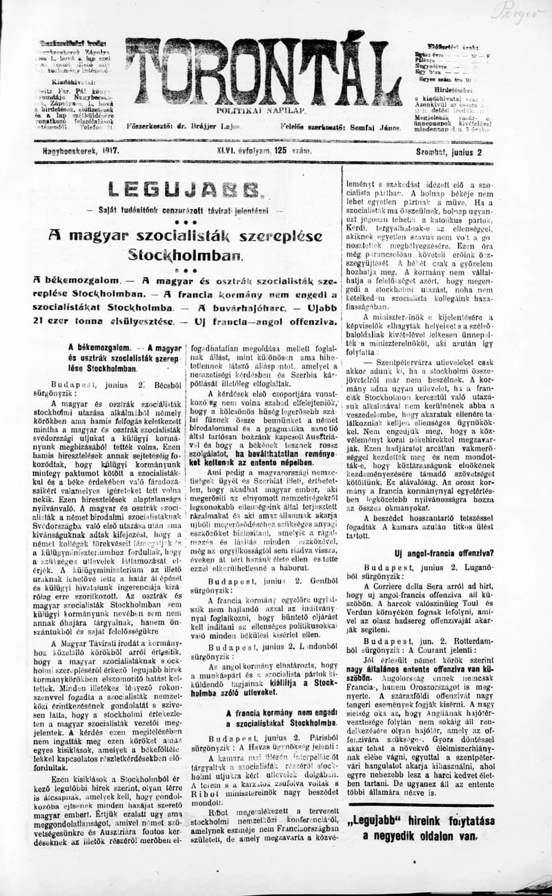 Torontál, 46. évf. 1917. június 2. 125. sz.