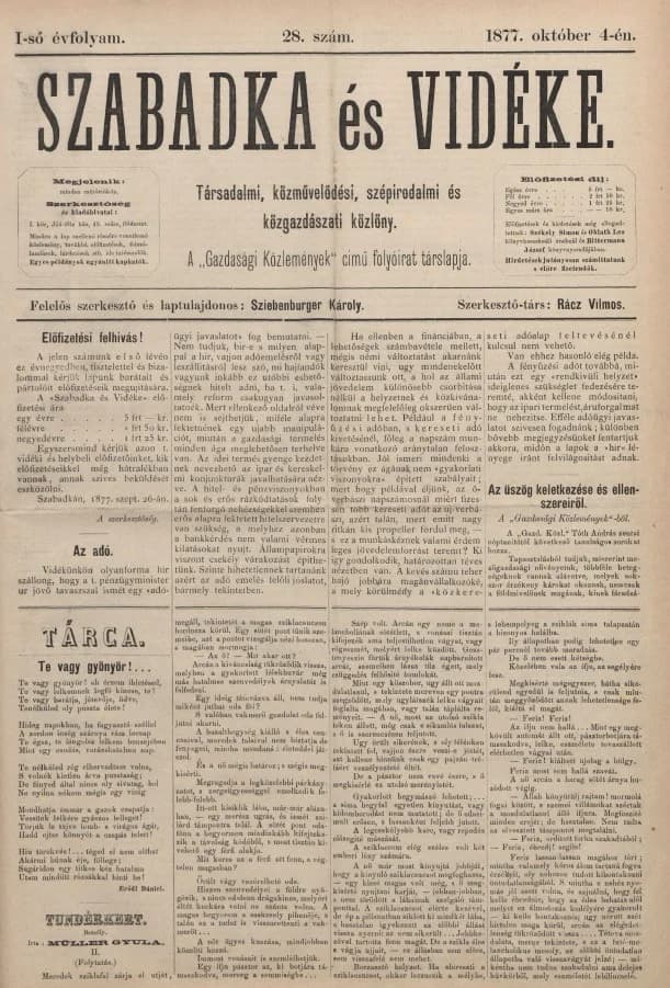 Szabadka és vidéke, 1. évf. 1877. október 4. 28. sz.