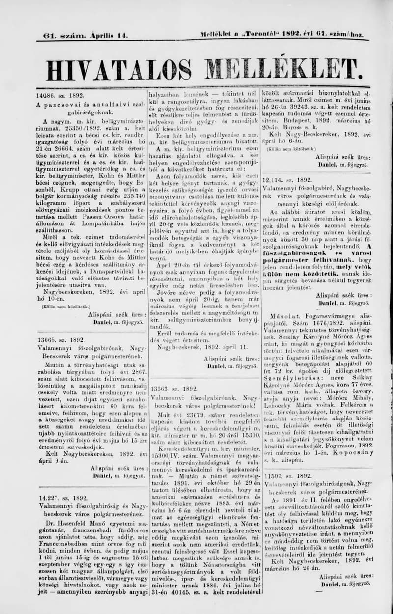 A Totontál  hivatalos melléklete, 5. évf. 1892. április 14. 61. sz.
