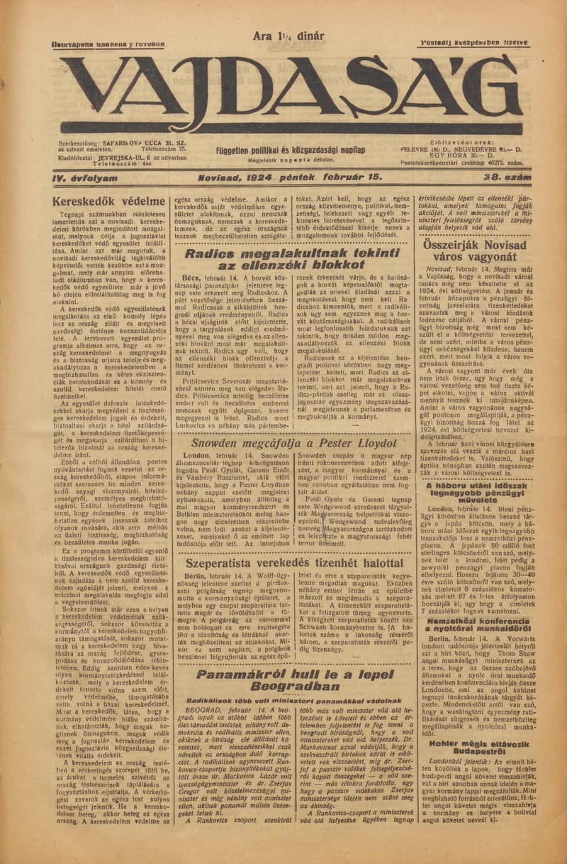 Vajdaság, 4. évf. 1924. február 15. 38. sz.
