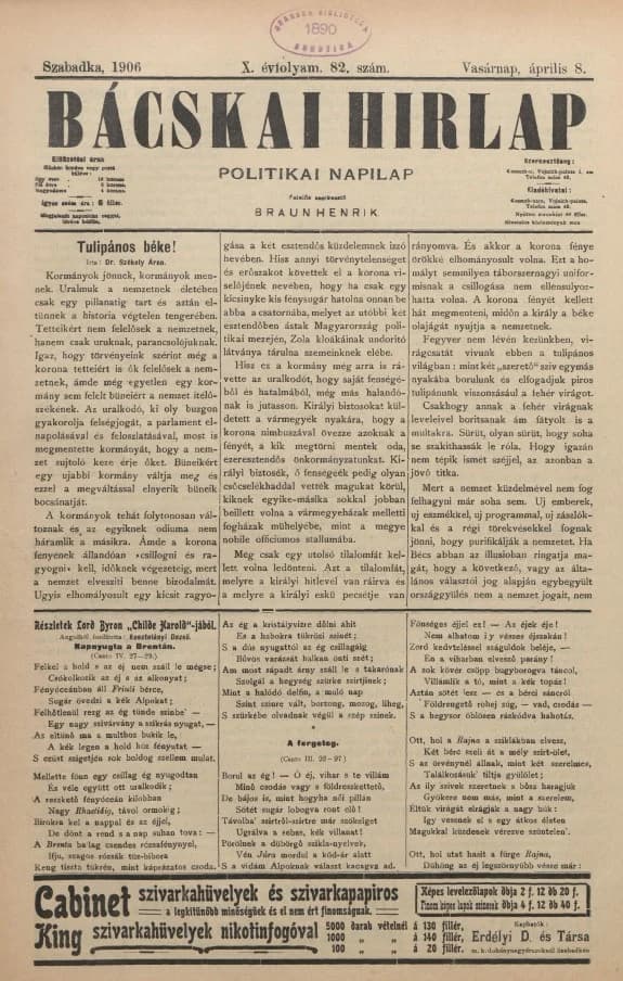 Bácskai Hirlap, 10. évf. 1906. április 8. 82. sz.