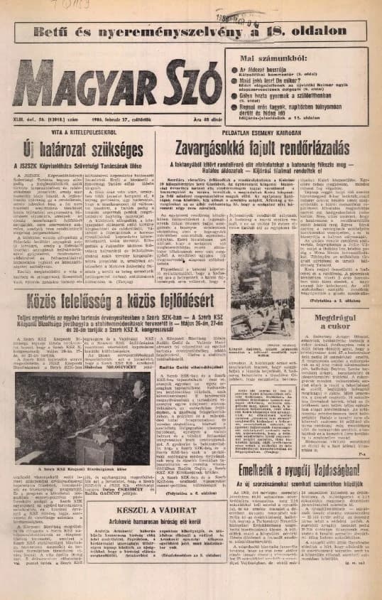 Magyar Szó, 43. évf. 1986. február 27. 56. sz. 1–20. oldal