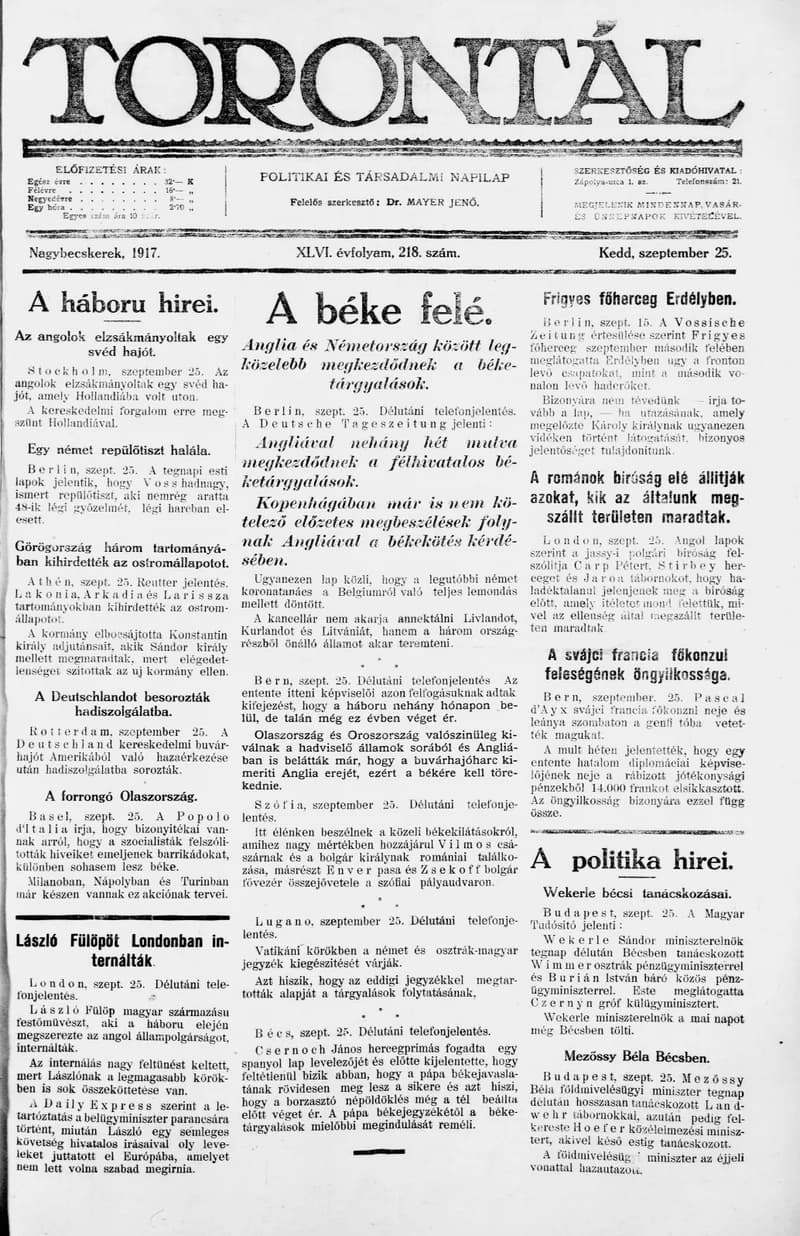 Torontál, 46. évf. 1917. szeptember 25. 218. sz.