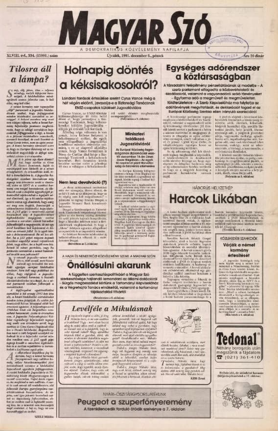 Magyar Szó, 48. évf. 1991. december 6. 334. sz. 1–20. oldal