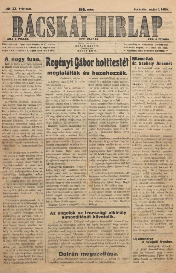 Bácskai Hirlap, 20. évf. 1916. május 1. 197. sz.
