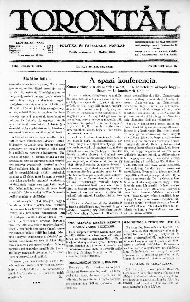 Torontál, 49. évf. 1920. július 16. 153. sz.