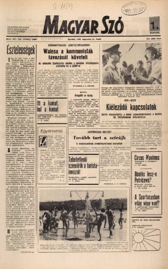 Magyar Szó, 46. évf. 1989. augusztus 15. 222. sz. 1–16. oldal