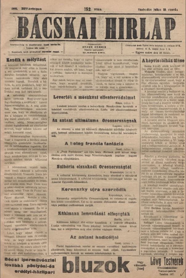 Bácskai Hirlap, 22. évf. 1918. július 10. 152. sz.