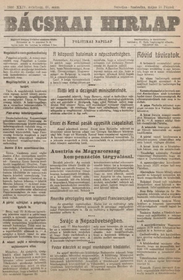 Bácskai Hirlap, 24. évf. 1920. május 21. 68. sz.