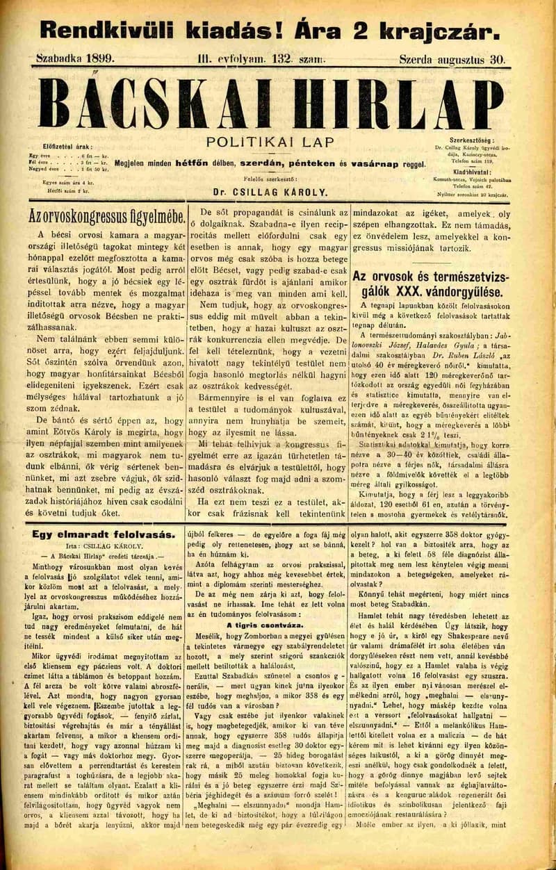 Bácskai Hirlap, 3. évf. 1899. augusztus 30. 132. sz.