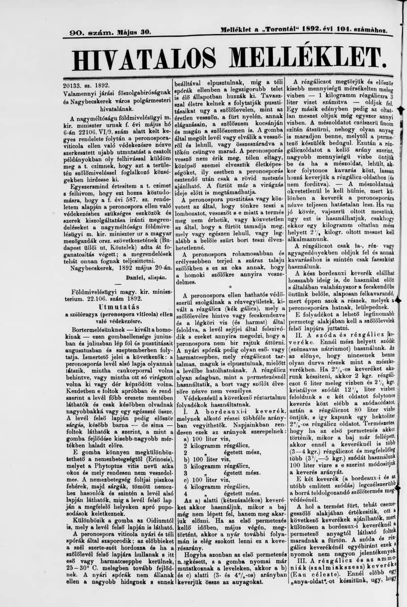 A Totontál  hivatalos melléklete, 5. évf. 1892. május 30. 90. sz.
